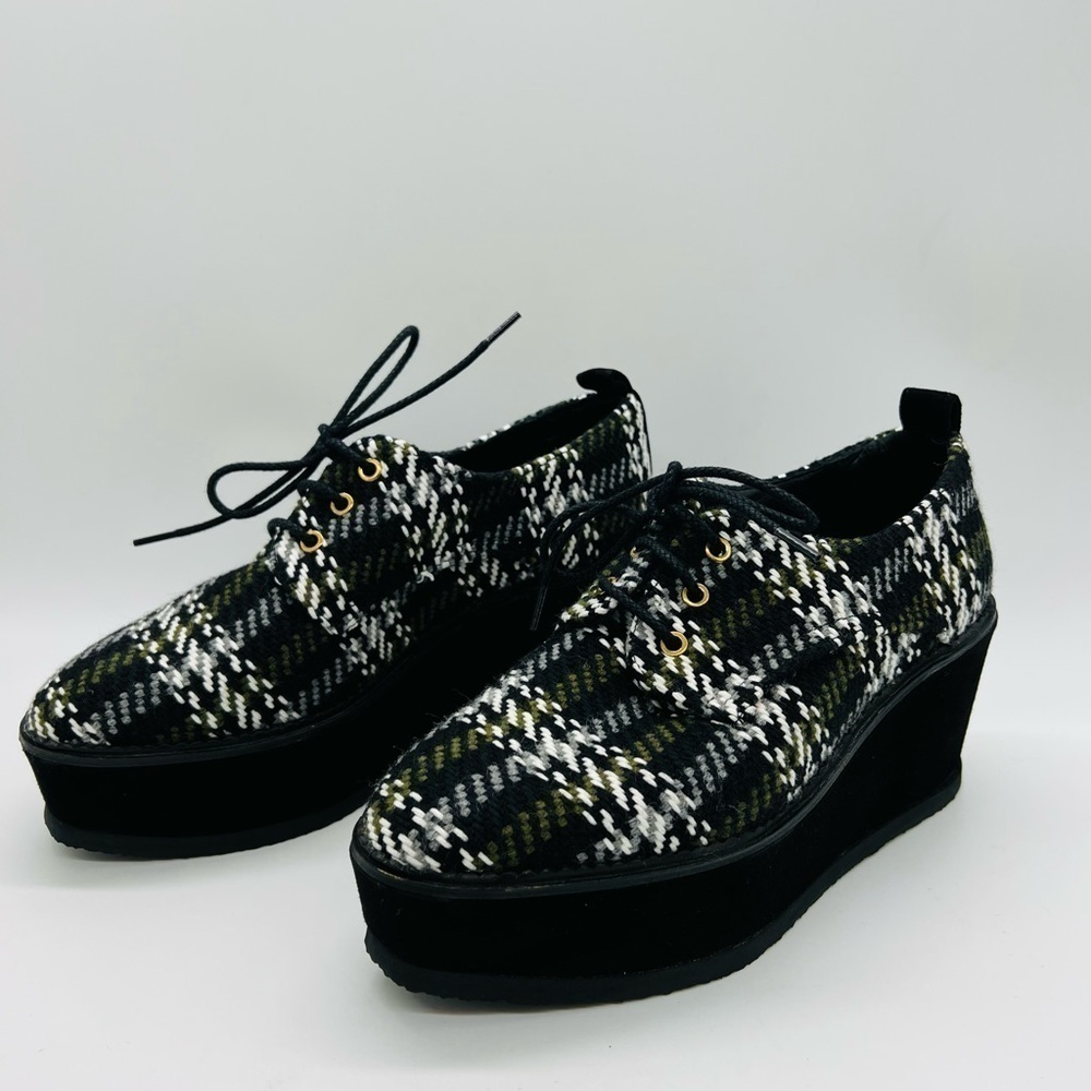 Castaner Black & White Plaid Wedge Lace-Up Shoes